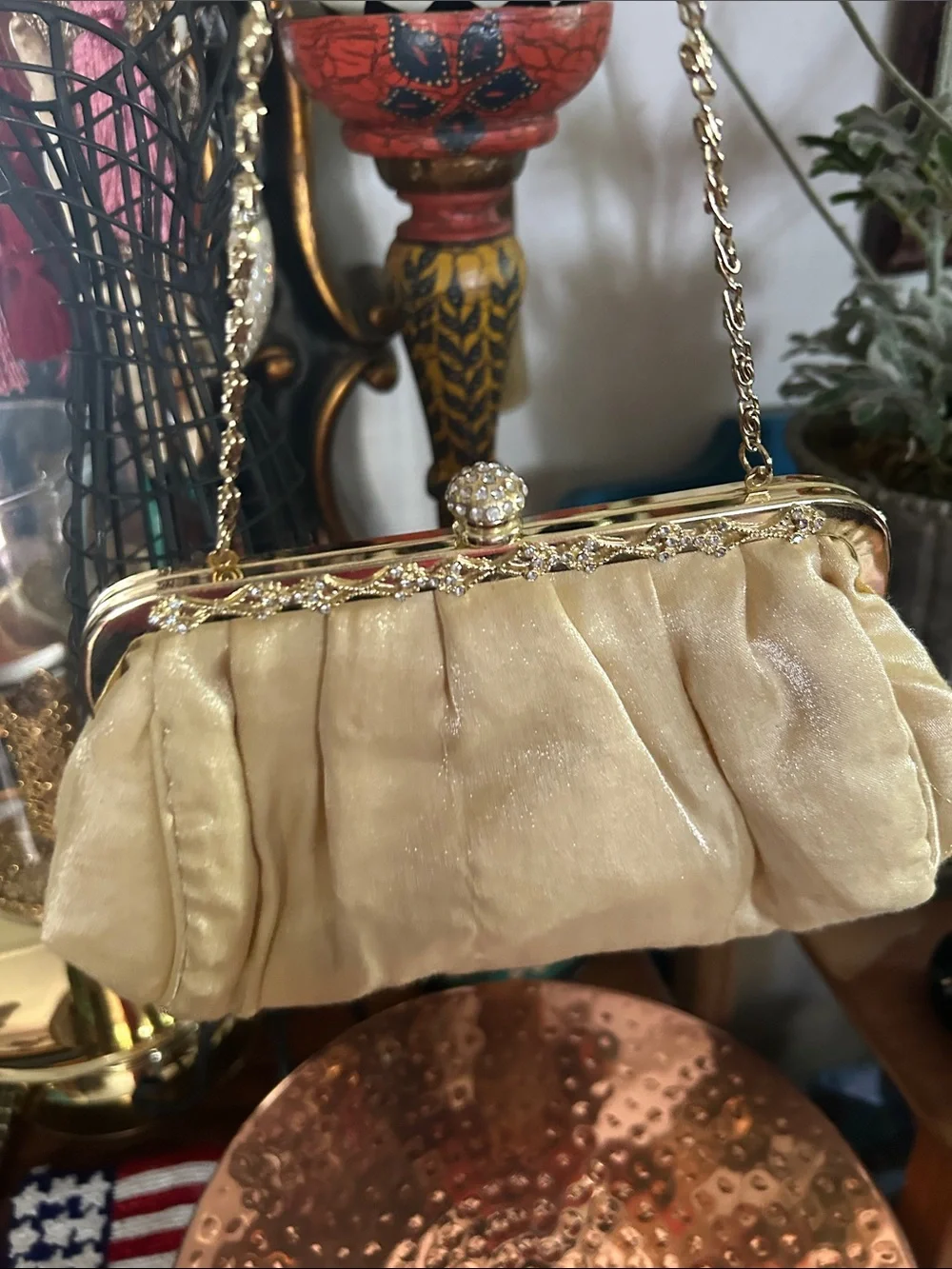 Elegant Cream Satin Evening Clutch with Gold Hardware